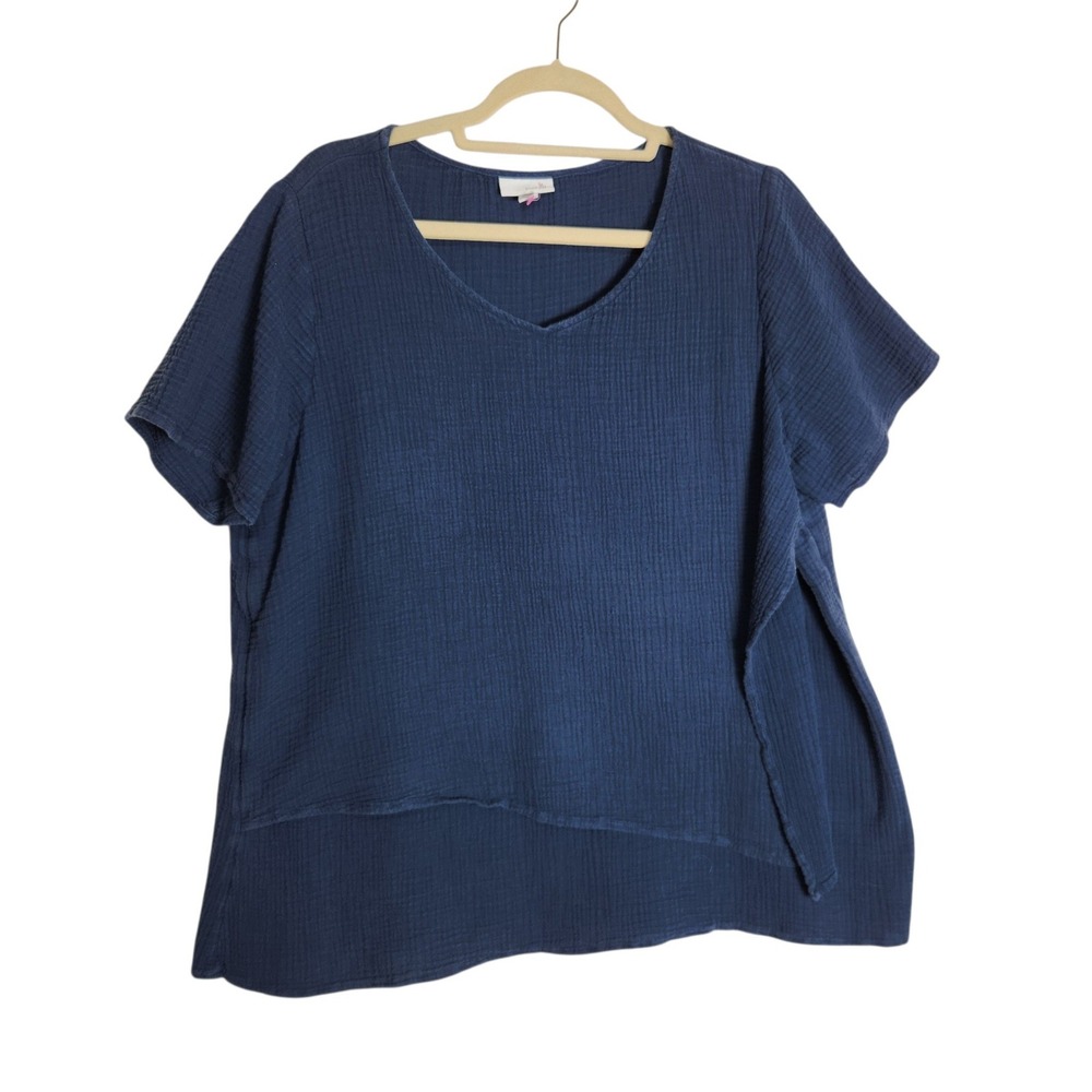 Pure Jill J. Jill Navy Blue Cotton Double Gauze V-Neck Asymmetric Top 2X Women's